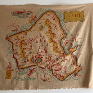 Island of Oahu, Hawaii Illustrated Map Vintage Fringed Canvas